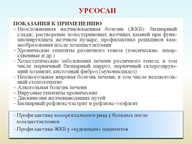 УРСОСАН - Профилактика колоректального рака у больных после холецистэктомии - Профилактика ЖКБ у «худеющих» пациентов