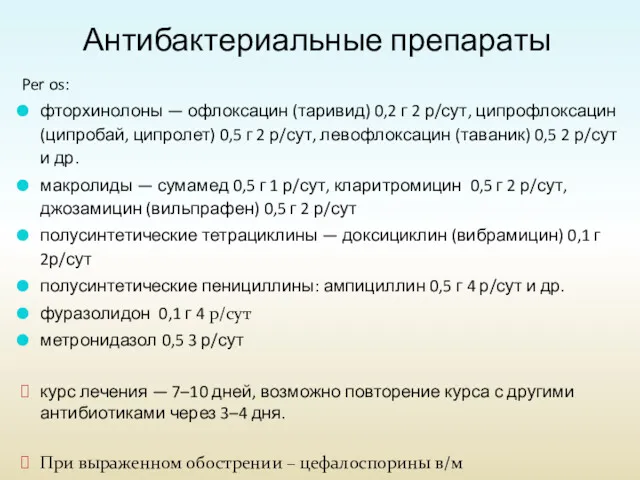 Антибактериальные препараты Per os: фторхинолоны — офлоксацин (таривид) 0,2 г