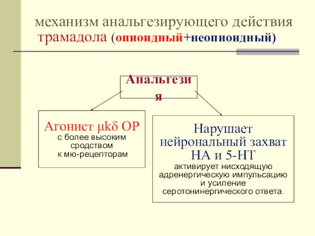 механизм анальгезирующего действия трамадола (опиоидный+неопиоидный) Анальгезия Агонист μkδ ОР с