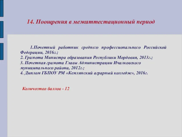 14. Поощрения в межаттестационный период 1.Почетный работник среднего профессионального Российской