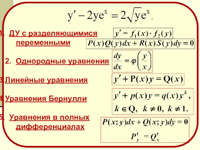 ДУ с разделяющимися переменными 2. Однородные уравнения Линейные уравнения Уравнения Бернулли Уравнения в полных дифференциалах