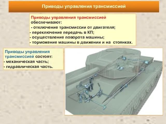 Приводы управления трансмиссией Приводы управления трансмиссией обеспечивают: - отключение трансмиссии