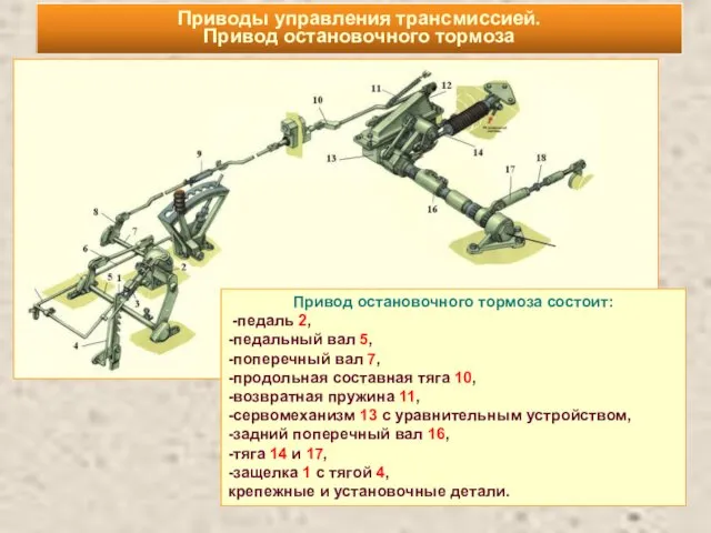 Приводы управления трансмиссией. Привод остановочного тормоза Привод остановочного тормоза состоит: