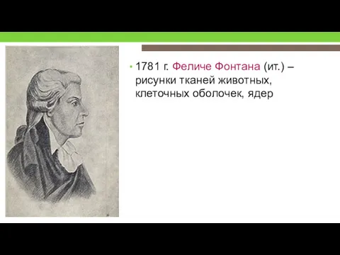 1781 г. Феличе Фонтана (ит.) – рисунки тканей животных, клеточных оболочек, ядер