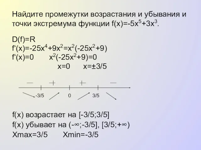 Найдите промежутки возрастания и убывания и точки экстремума функции f(x)=-5x5+3x3. D(f)=R f‘(x)=-25x4+9x2=x2(-25x2+9) f‘(x)=0