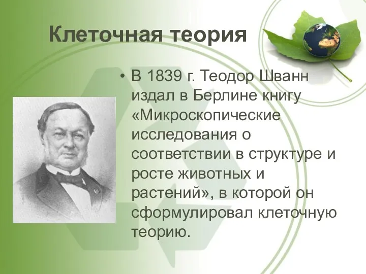 Клеточная теория В 1839 г. Теодор Шванн издал в Берлине