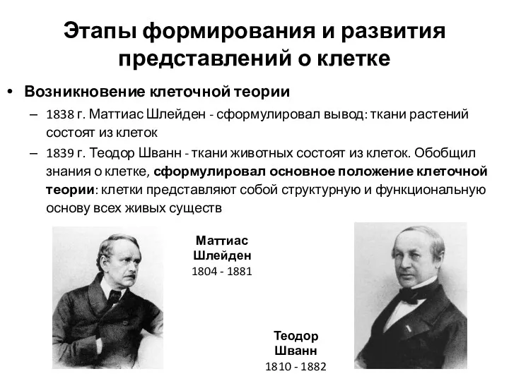 Возникновение клеточной теории 1838 г. Маттиас Шлейден - сформулировал вывод: