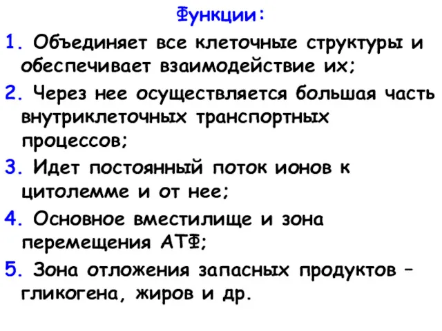 Функции: 1. Объединяет все клеточные структуры и обеспечивает взаимодействие их;