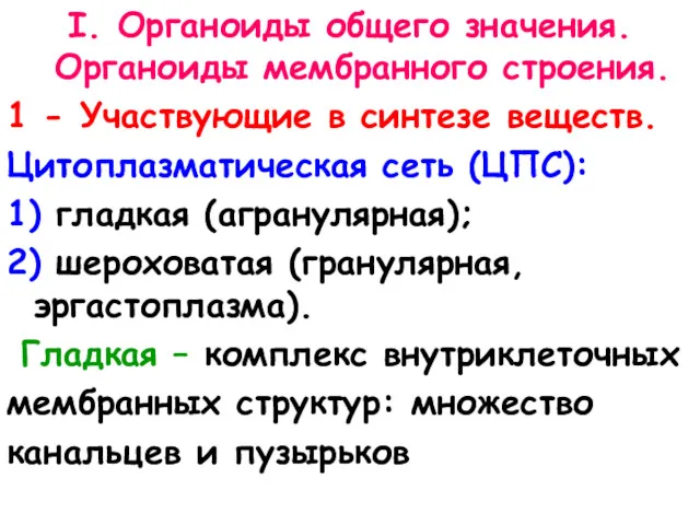 I. Органоиды общего значения. Органоиды мембранного строения. 1 - Участвующие