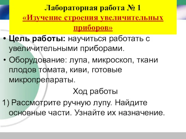 Лабораторная работа № 1 «Изучение строения увеличительных приборов» Цель работы: научиться работать с