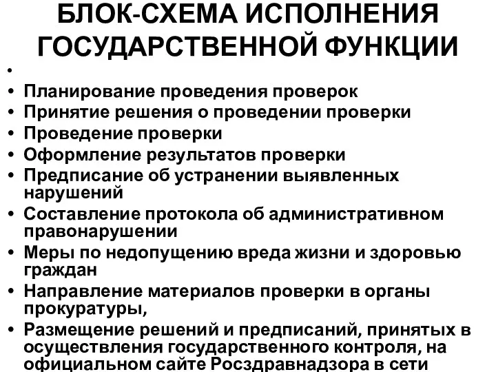 БЛОК-СХЕМА ИСПОЛНЕНИЯ ГОСУДАРСТВЕННОЙ ФУНКЦИИ Планирование проведения проверок Принятие решения о