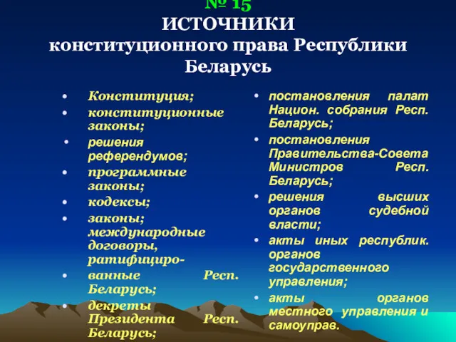 № 15 ИСТОЧНИКИ конституционного права Республики Беларусь Конституция; конституционные законы;