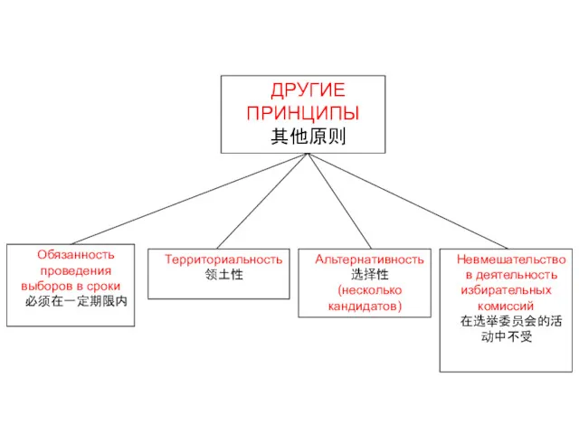 ДРУГИЕ ПРИНЦИПЫ 其他原则 Обязанность проведения выборов в сроки 必须在一定期限内 Территориальность