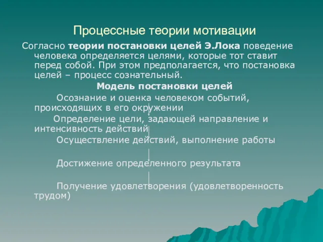 Процессные теории мотивации Согласно теории постановки целей Э.Лока поведение человека определяется целями, которые