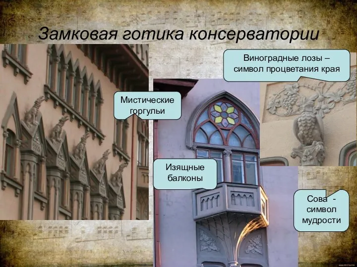 Замковая готика консерватории Мистические горгульи Изящные балконы Сова - символ