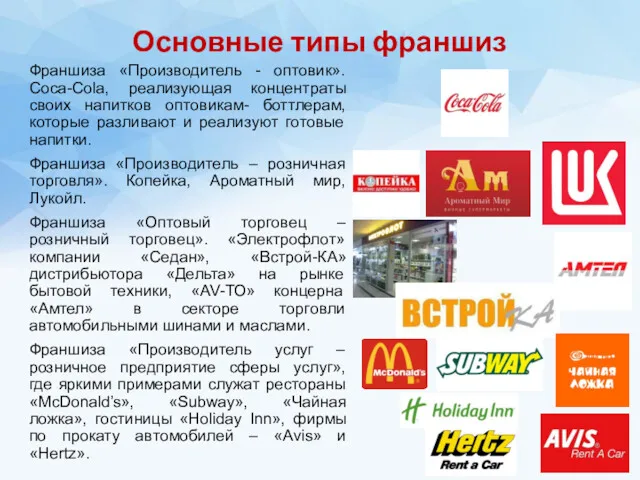 Основные типы франшиз Франшиза «Производитель - оптовик». Coca-Cola, реализующая концентраты