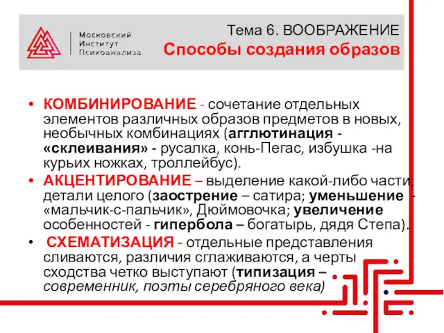 Тема 6. ВООБРАЖЕНИЕ Способы создания образов КОМБИНИРОВАНИЕ - сочетание отдельных