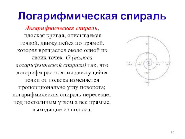 Логарифмическая спираль Логарифмическая спираль, плоская кривая, описываемая точкой, движущейся по