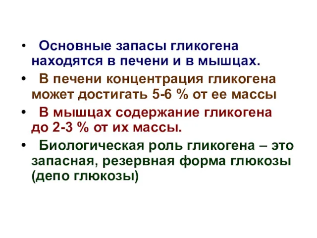 Основные запасы гликогена находятся в печени и в мышцах. В печени концентрация гликогена