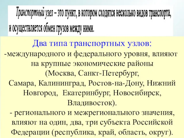 Два типа транспортных узлов: международного и федерального уровня, влияют на