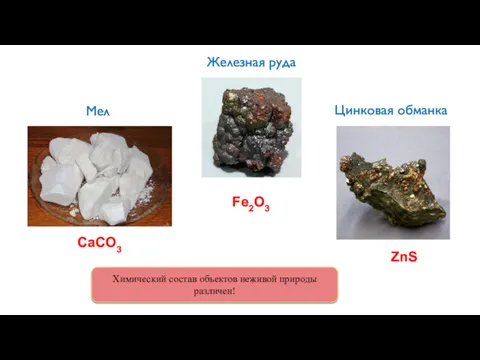 Цинковая обманка Железная руда Мел СaCO3 Fe2O3 ZnS Химический состав объектов неживой природы различен!
