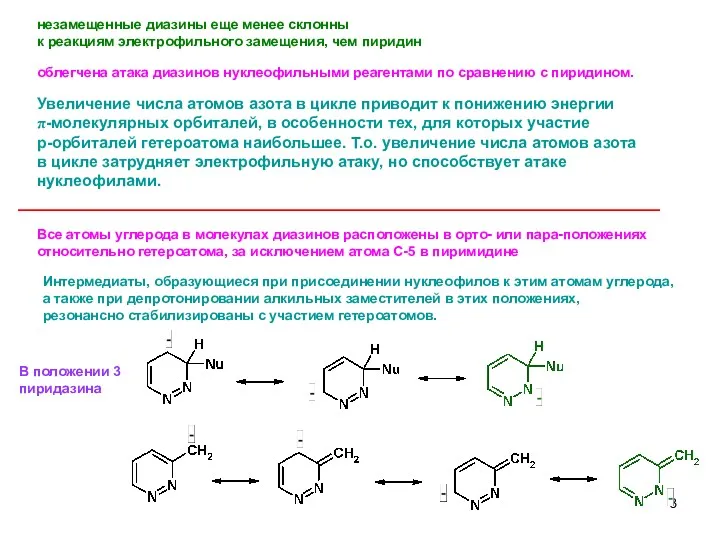незамещенные диазины еще менее склонны к реакциям электрофильного замещения, чем