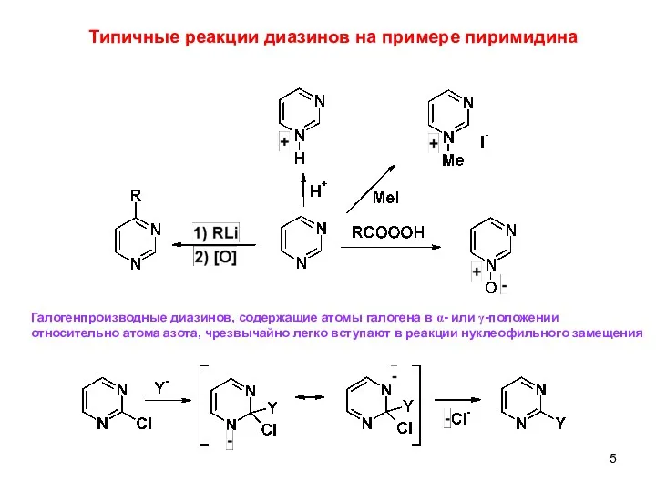 4 Типичные реакции диазинов на примере пиримидина Галогенпроизводные диазинов, содержащие