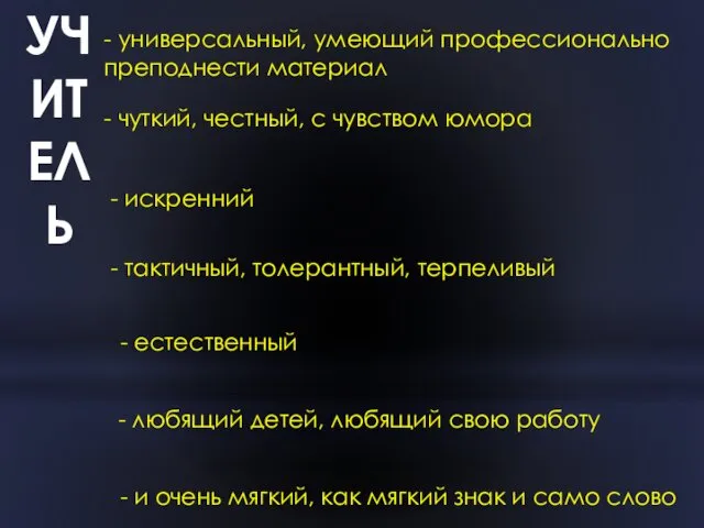 УЧИТЕЛЬ - универсальный, умеющий профессионально преподнести материал - чуткий, честный,