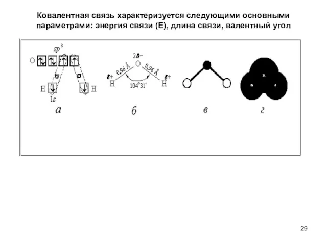 Ковалентная связь характеризуется следующими основными параметрами: энергия связи (Е), длина связи, валентный угол