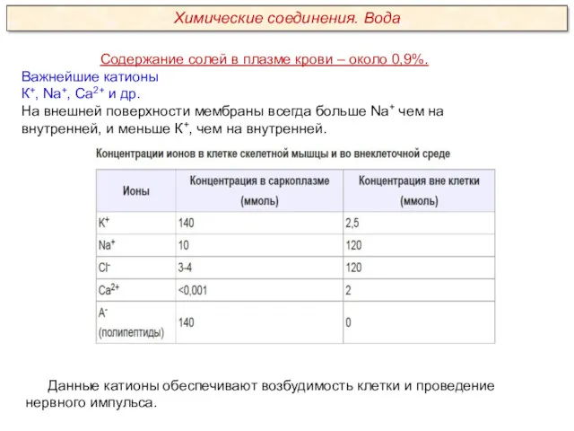 Данные катионы обеспечивают возбудимость клетки и проведение нервного импульса. Содержание