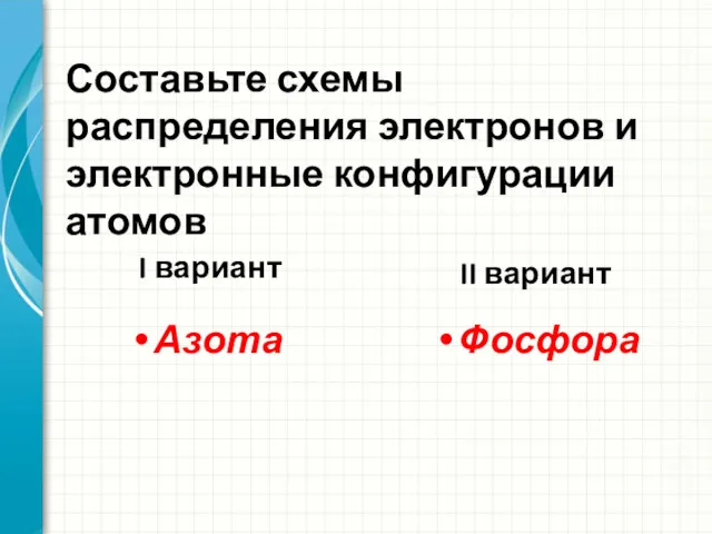 Составьте схемы распределения электронов и электронные конфигурации атомов I вариант Азота II вариант Фосфора