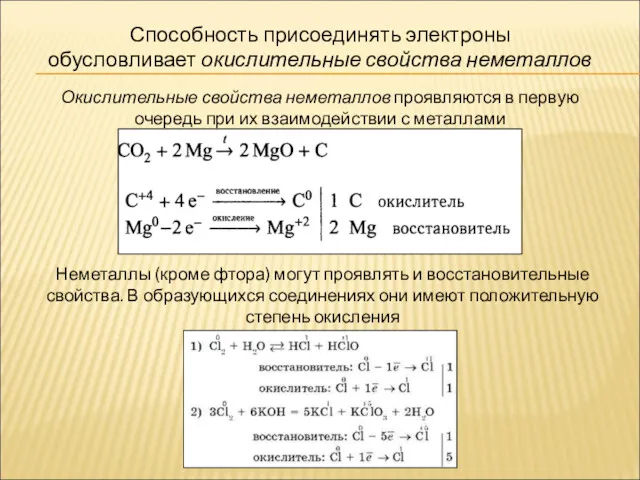 Способность присоединять электроны обусловливает окислительные свойства неметаллов Окислительные свойства неметаллов