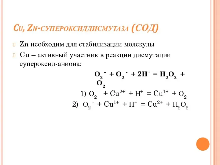 Cu, Zn-супероксиддисмутаза (СОД) Zn необходим для стабилизации молекулы Cu –