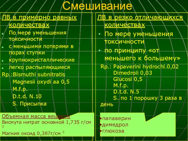 Смешивание ЛВ в примерно равных количествах По мере уменьшения токсичности