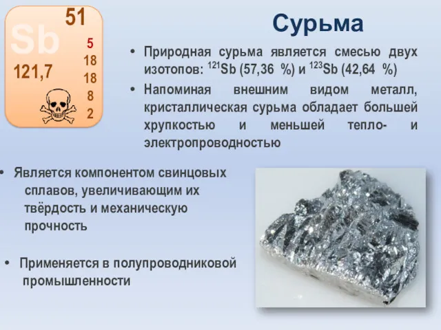 Сурьма Природная сурьма является смесью двух изотопов: 121Sb (57,36 %)