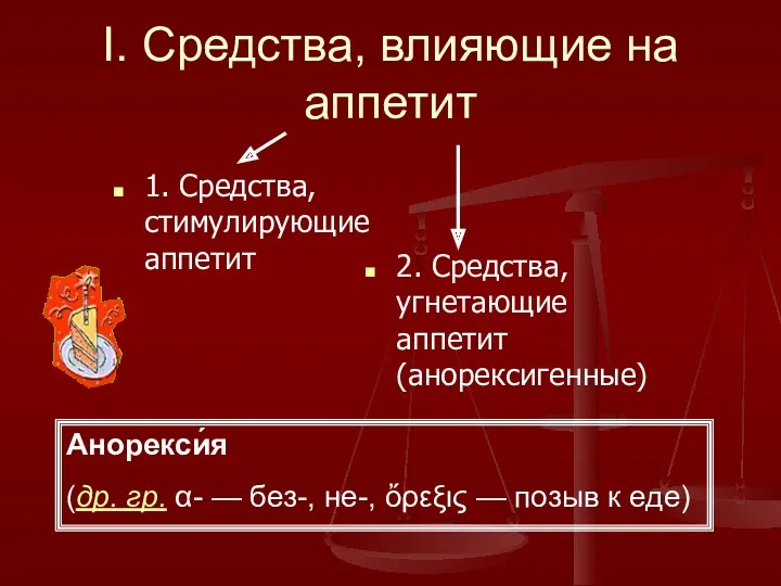 I. Средства, влияющие на аппетит 1. Средства, стимулирующие аппетит 2.