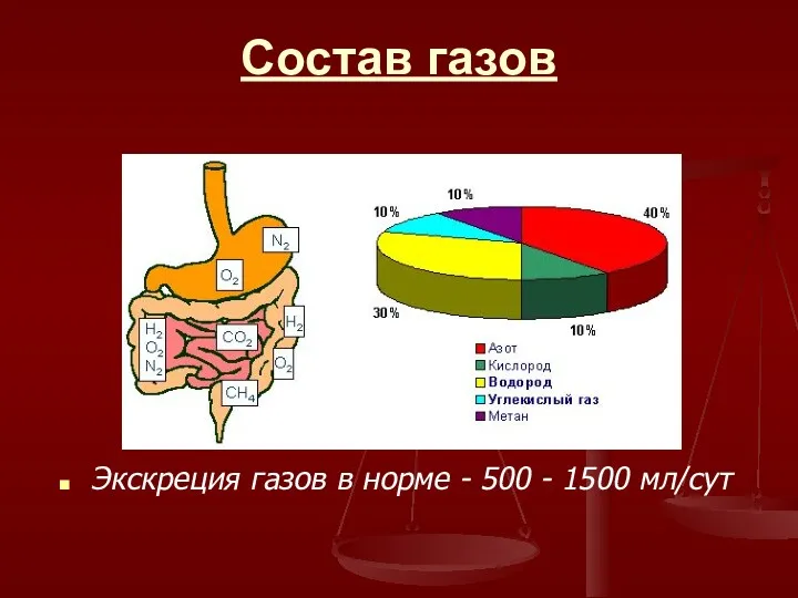 Состав газов Экскреция газов в норме - 500 - 1500 мл/сут