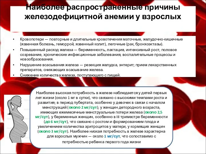 Наиболее распространенные причины железодефицитной анемии у взрослых Кровопотери — повторные