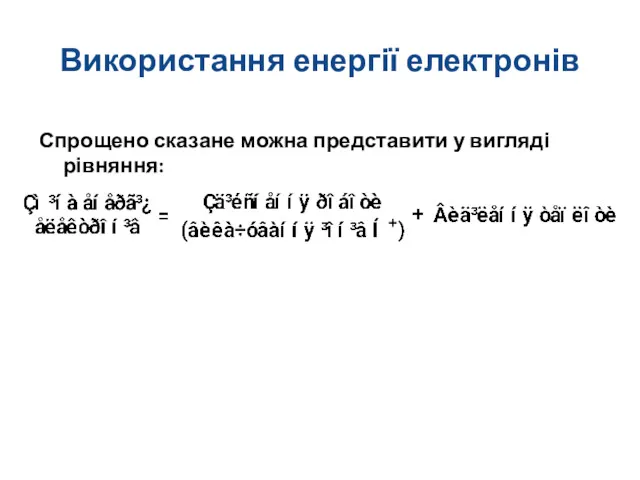 Використання енергії електронів Спрощено сказане можна представити у вигляді рівняння: