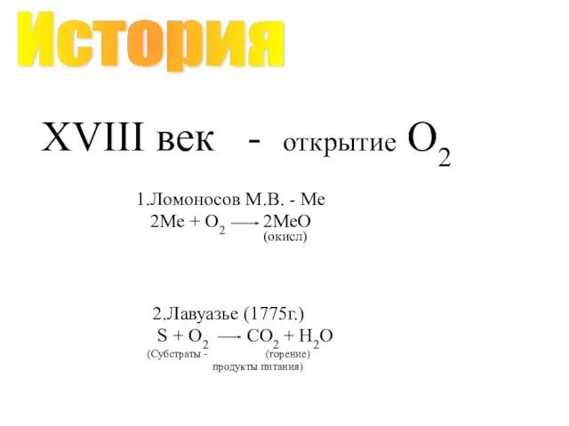 XVIII век - открытие О2 1.Ломоносов М.В. - Ме 2Ме