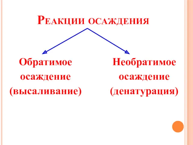 Реакции осаждения Обратимое осаждение (высаливание) Необратимое осаждение (денатурация)