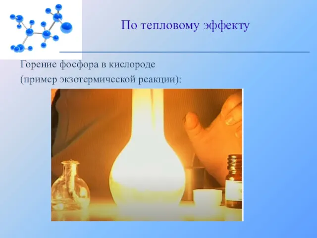 Горение фосфора в кислороде (пример экзотермической реакции): По тепловому эффекту