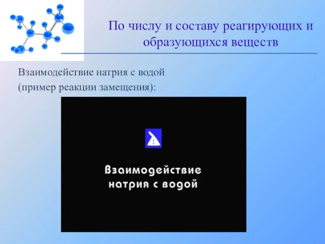 Взаимодействие натрия с водой (пример реакции замещения): По числу и составу реагирующих и образующихся веществ