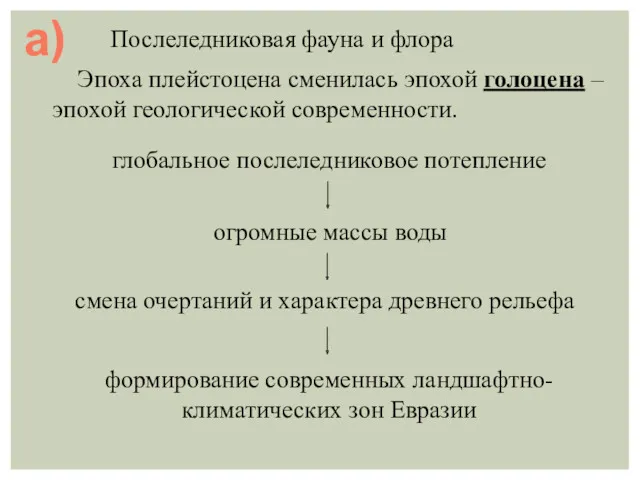 а) Эпоха плейстоцена сменилась эпохой голоцена – эпохой геологической современности.