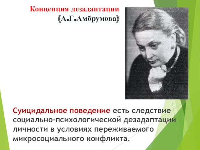 Концепция дезадаптации (А.Г.Амбрумова) Суицидальное поведение есть следствие социально-психологической дезадаптации личности в условиях переживаемого микросоциального конфликта.