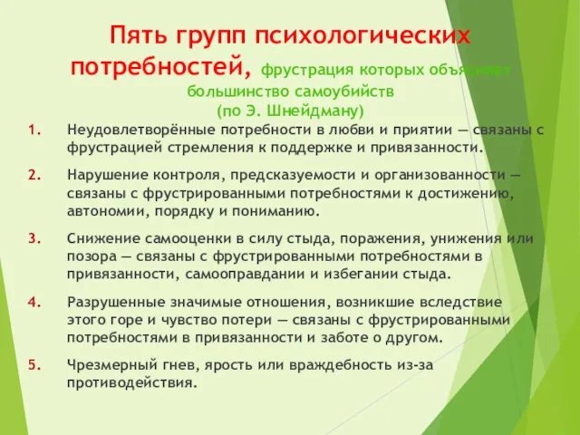 Пять групп психологических потребностей, фрустрация которых объясняет большинство самоубийств (по