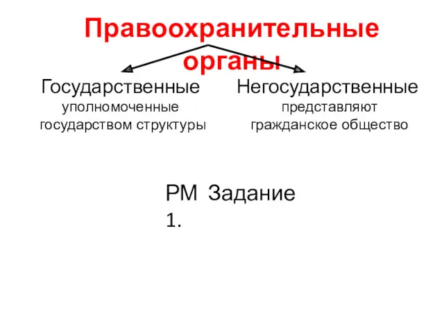 Правоохранительные органы Государственные уполномоченные государством структуры Негосударственные представляют гражданское общество РМ Задание 1.