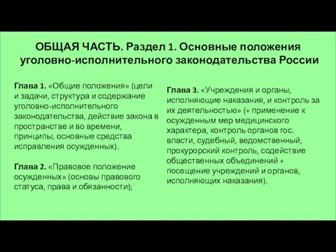 Глава 1. «Общие положения» (цели и задачи, структура и содержание уголовно-исполнительного законодательства, действие