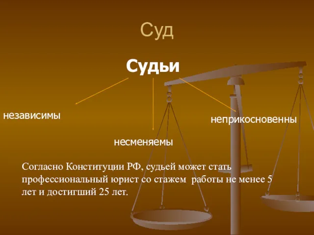 Суд Судьи независимы несменяемы неприкосновенны Согласно Конституции РФ, судьей может стать профессиональный юрист