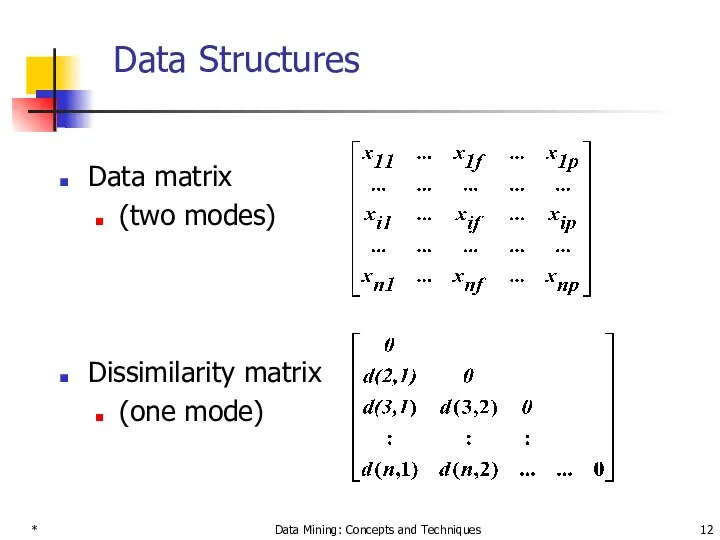 * Data Mining: Concepts and Techniques Data Structures Data matrix (two modes) Dissimilarity matrix (one mode)